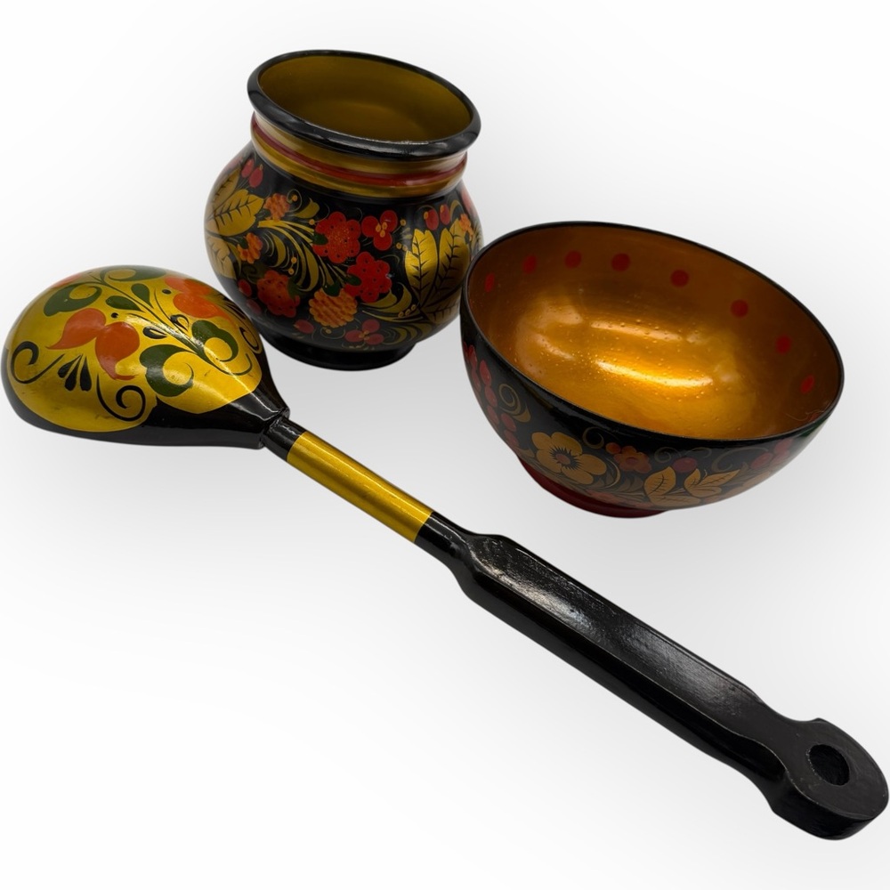 Vtg Wooden Black Lacquer Khokhloma Russian‎ Folk Art Bowl Large Spoon Jar